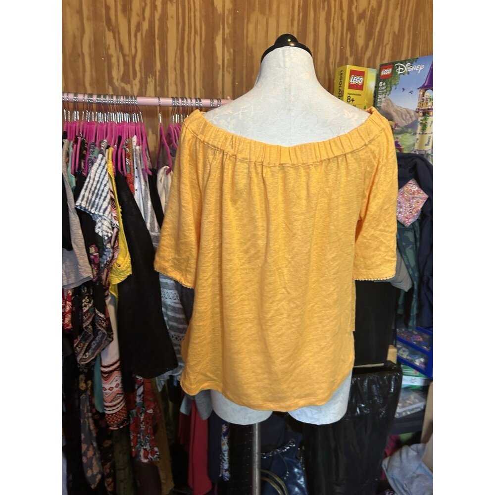 Chico's Orange Tropical 100% Linen Top Cold Shoulder Knit Stretch Sz 1 (M) - Picture 6 of 9